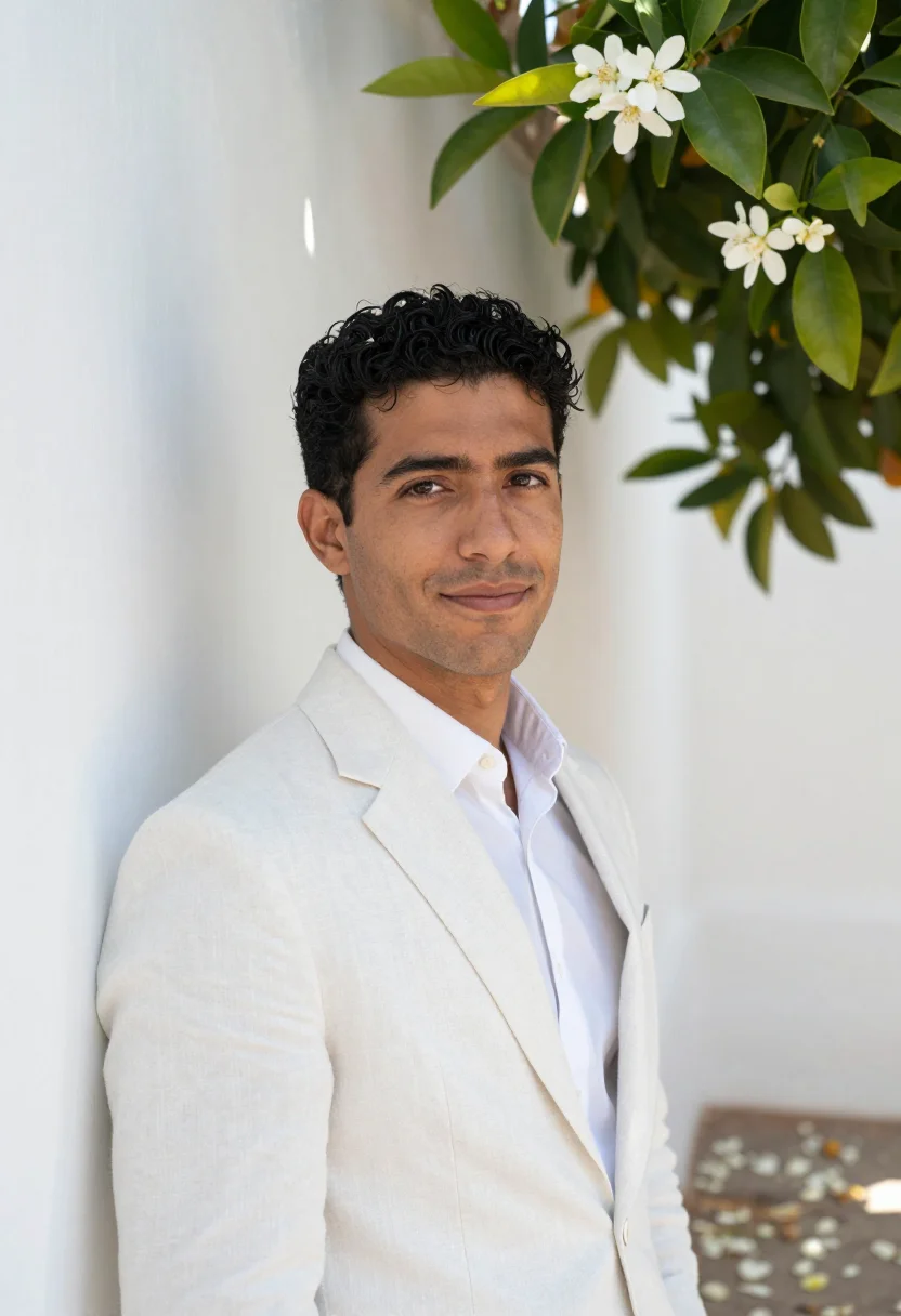 AI seville azahar orange blossom march white green sample — portrait of a man, a young architect in his early thirties o