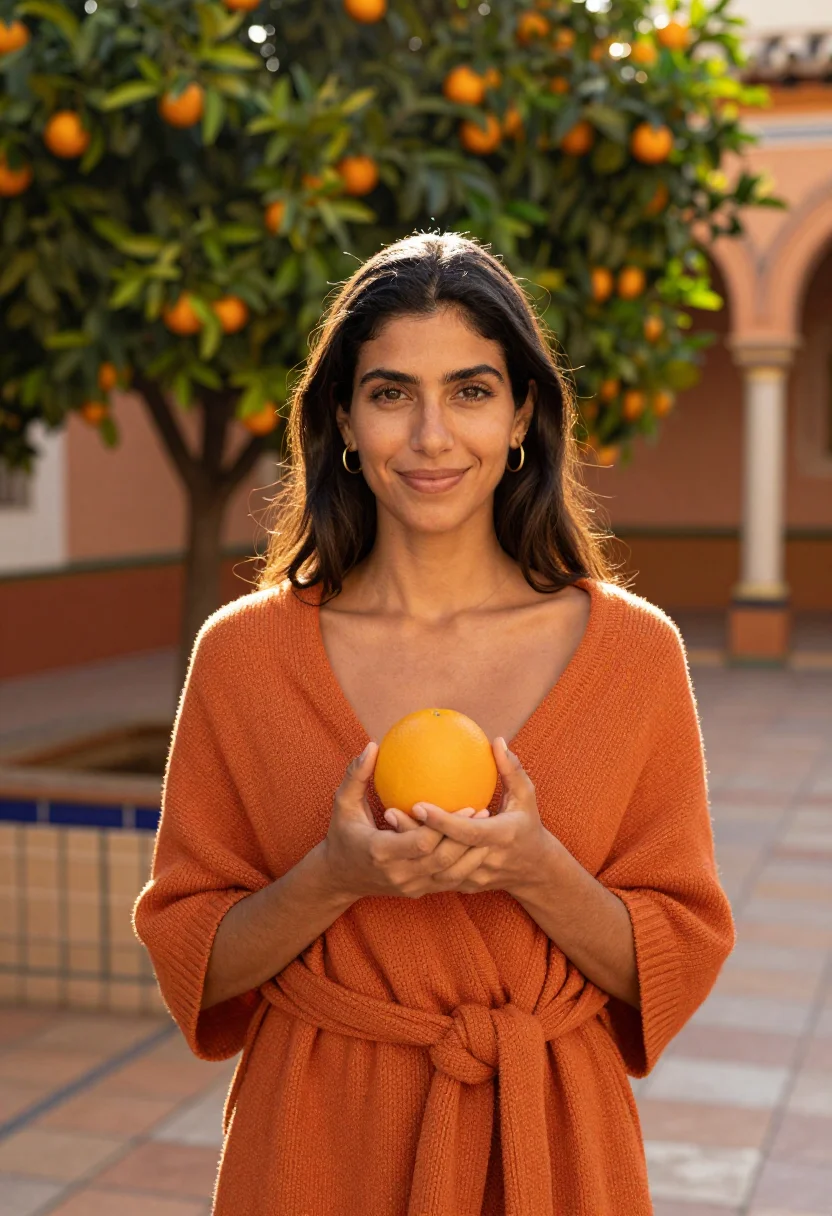 AI seville january orange sample — portrait of a woman, chest-up portrait of a Spanish woman in