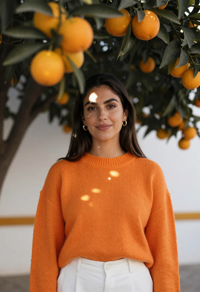 AI seville orange trees white wall sample — portrait of a woman, framed tight, head and shoulders, the b