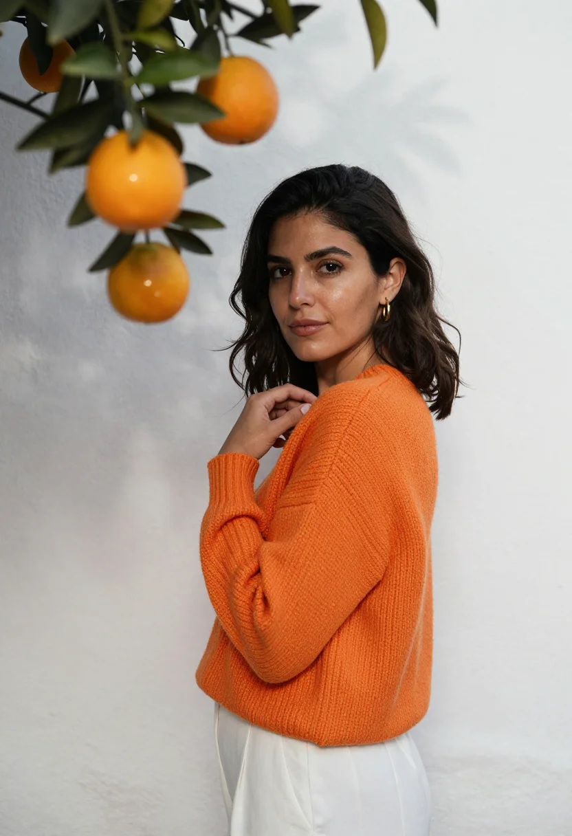 AI seville orange trees white wall sample — portrait of a woman, framed chest-up, the crop at the breast