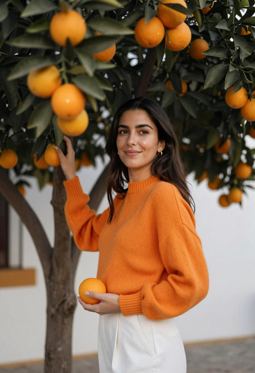 AI seville orange trees white wall sample — portrait of a woman, framed from the waist up, the camera at
