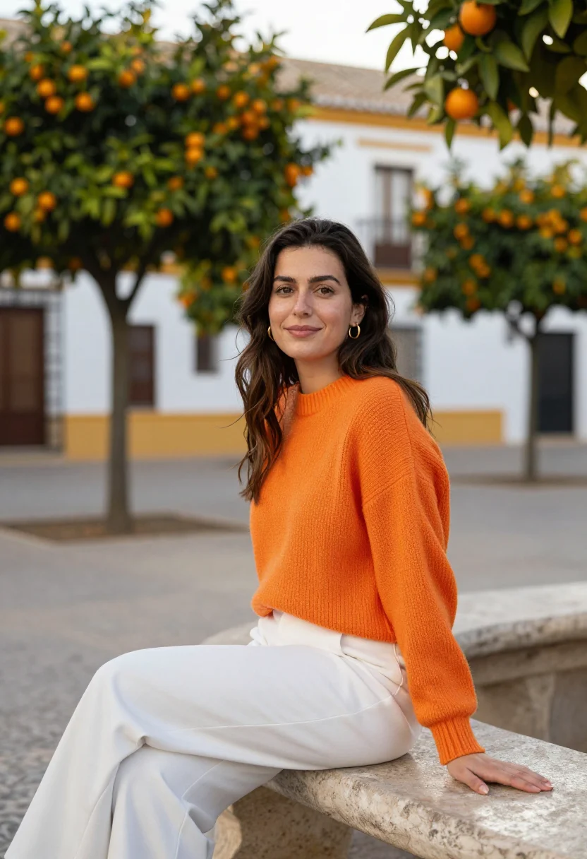 AI seville orange trees white wall sample — portrait of a woman, framed chest-up, the crop at the breast