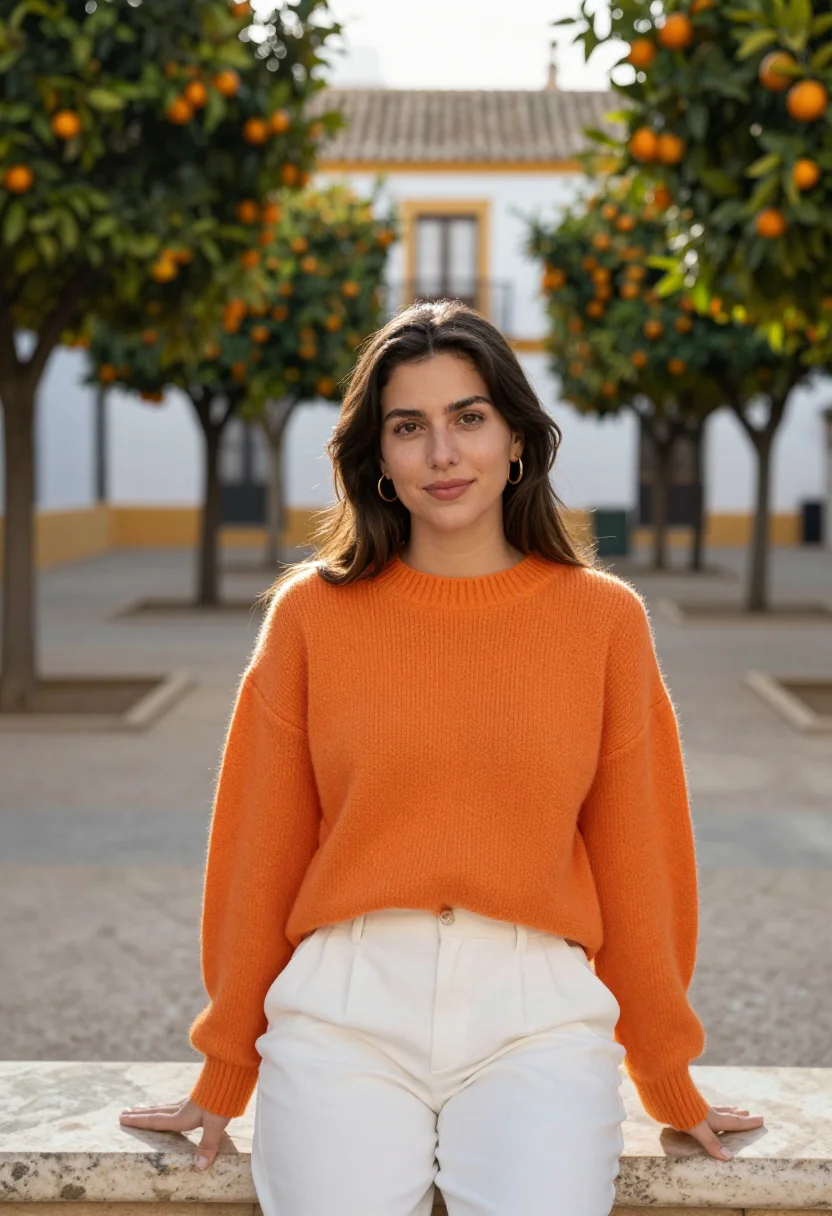 AI seville orange trees white wall sample — portrait of a woman, framed tight, head and shoulders, the b