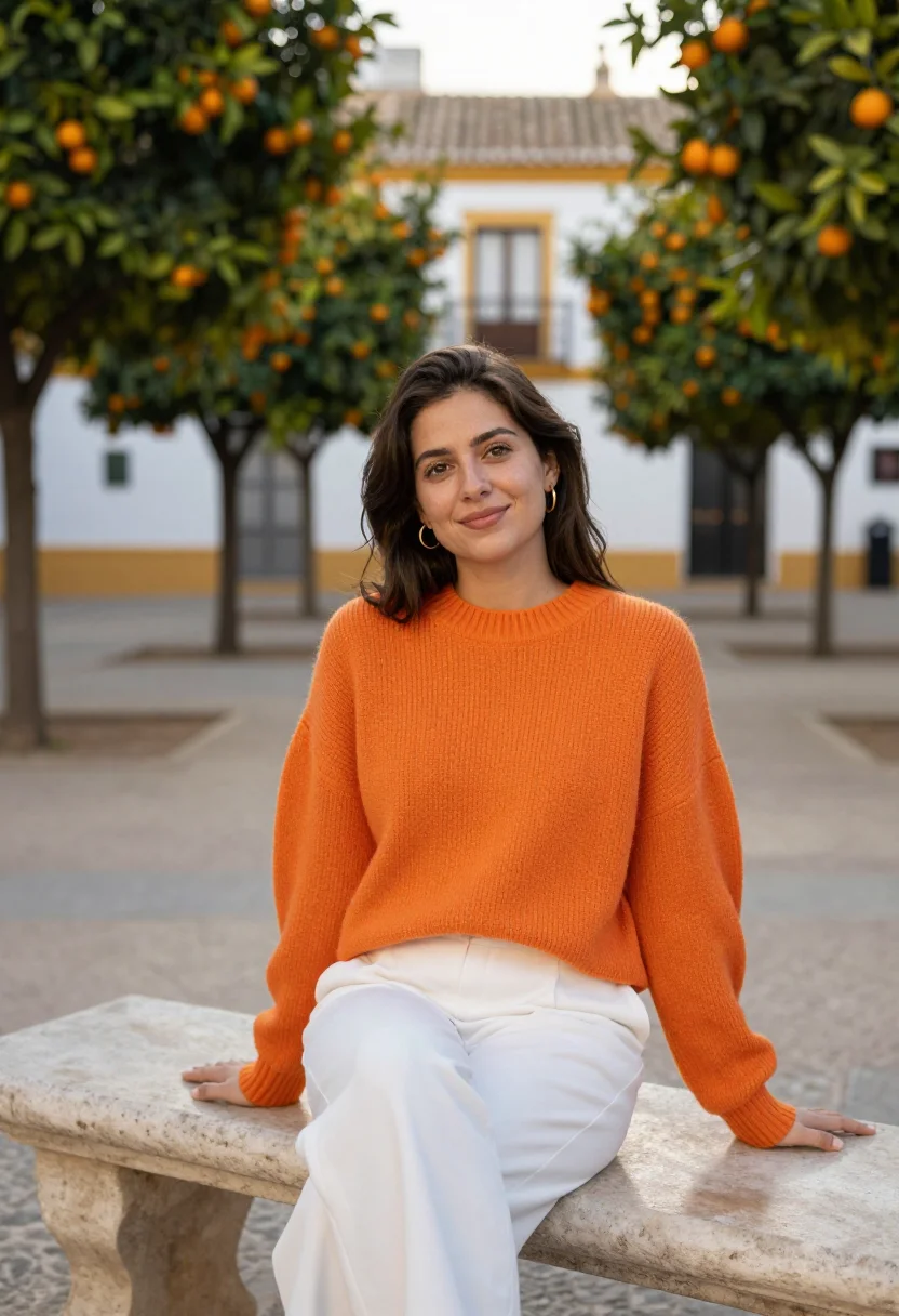 AI seville orange trees white wall sample — portrait of a woman, framed half-length, from the crown to t