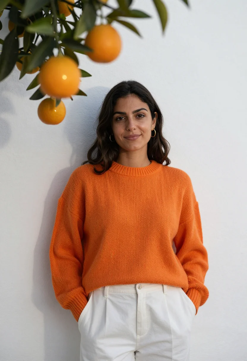 AI seville orange trees white wall sample — portrait of a woman, framed from the waist up, the camera at