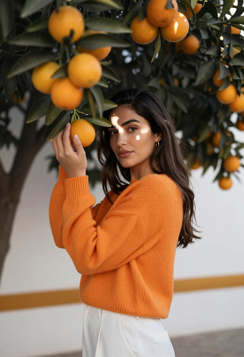 AI seville orange trees white wall sample — portrait of a woman, framed chest-up, the crop at the breast