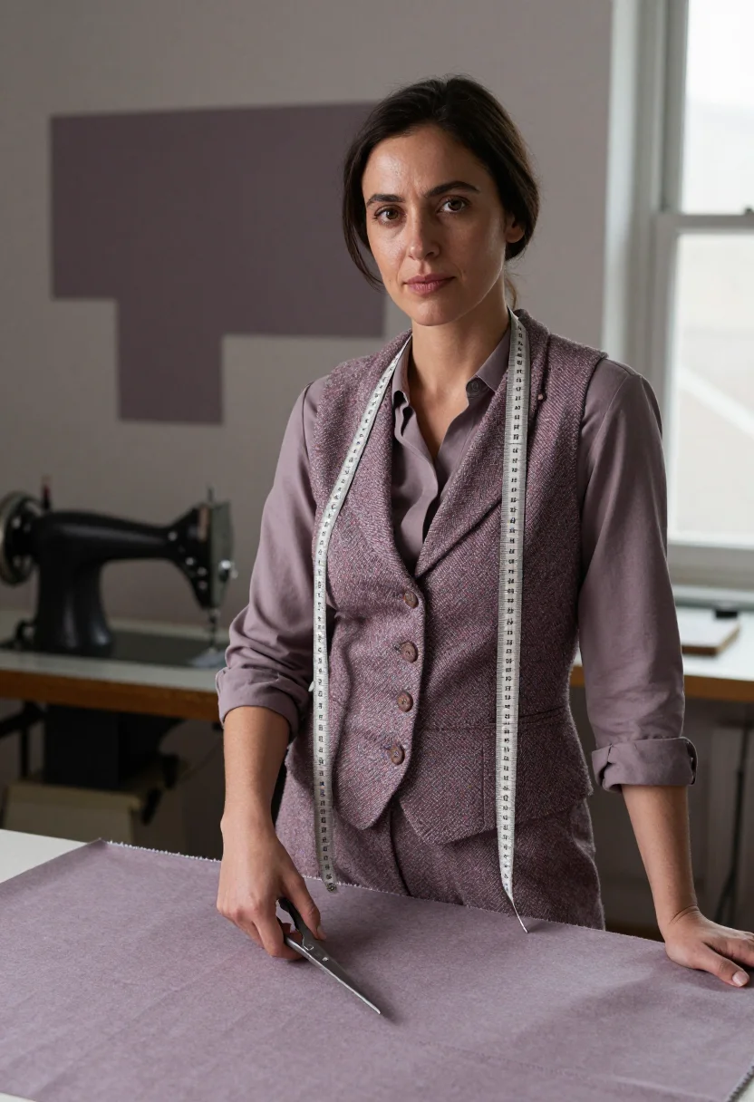 AI sewing room heather tweed sample — portrait of a woman, framed chest-up, cropped at the ribs, t