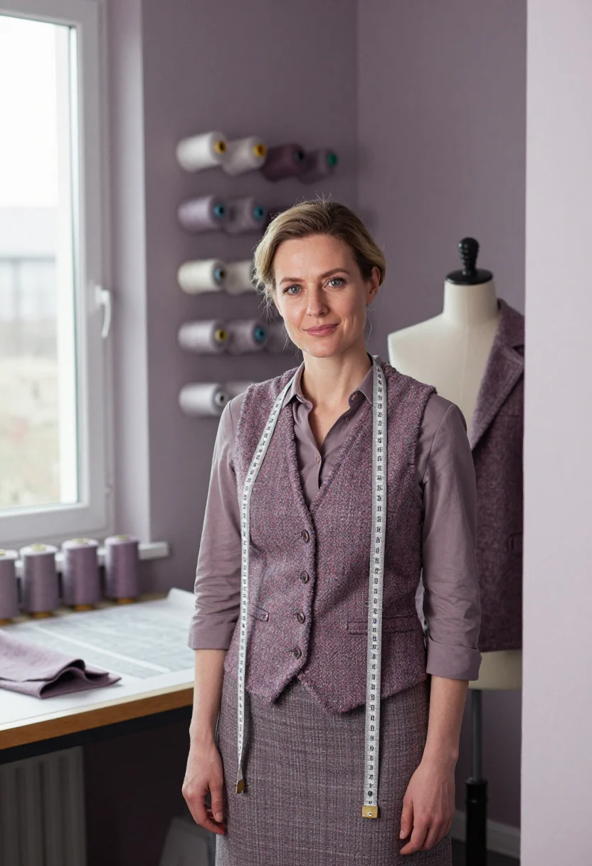AI sewing room heather tweed sample — portrait of a woman, framed tight, head and shoulders, the b