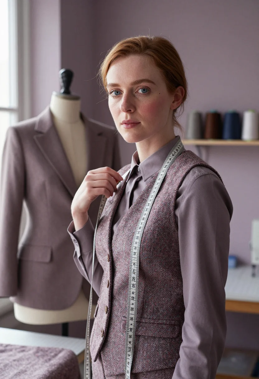AI sewing room heather tweed sample — portrait of a woman, framed chest-up, cropped at the ribs, t