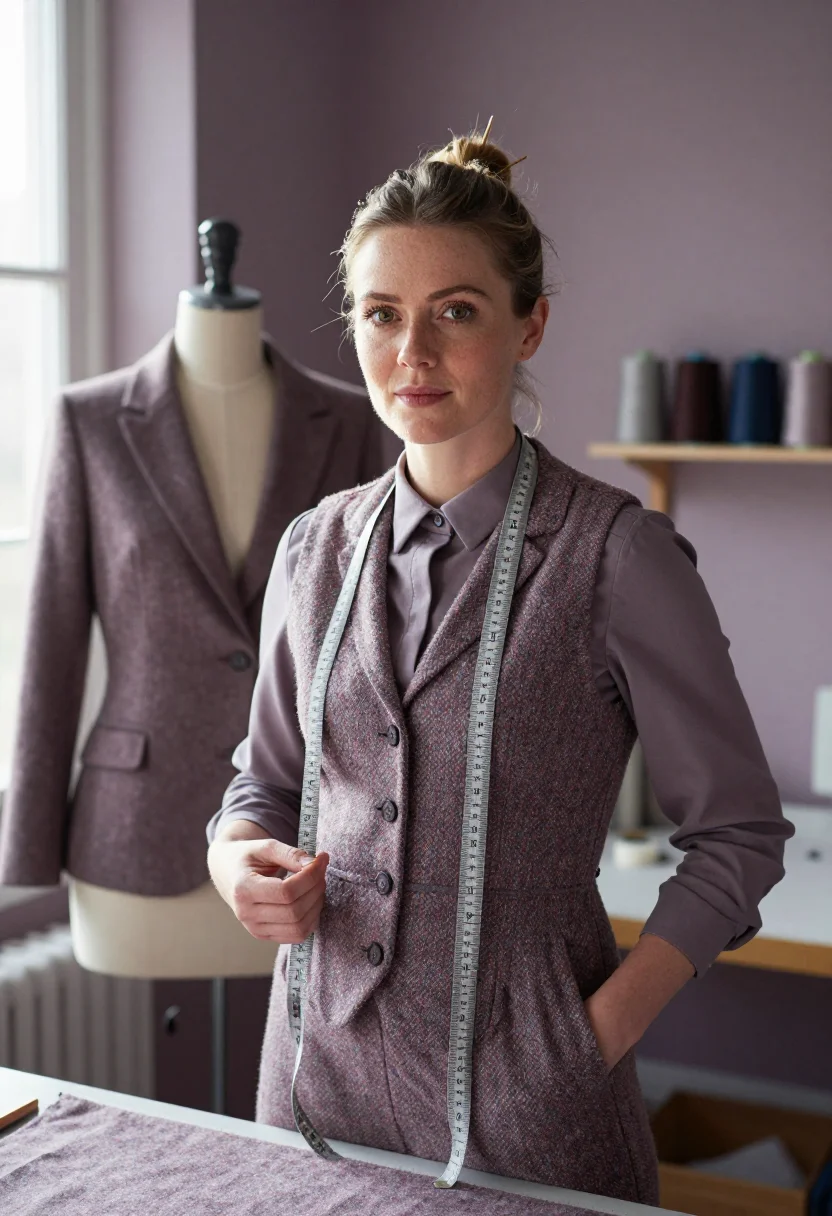 AI sewing room heather tweed sample — portrait of a woman, framed half-length from the head to the