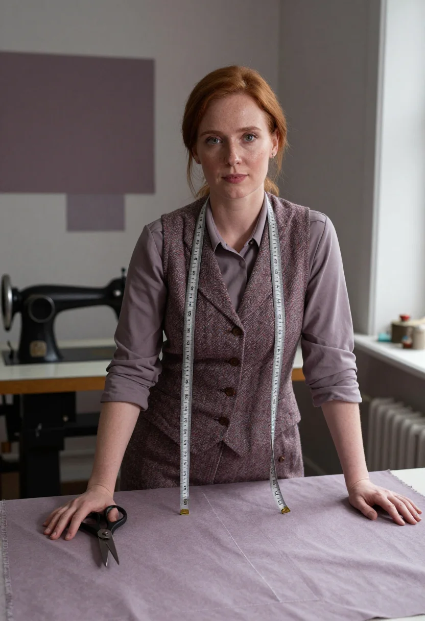 AI sewing room heather tweed sample — portrait of a woman, framed half-length from the head to the