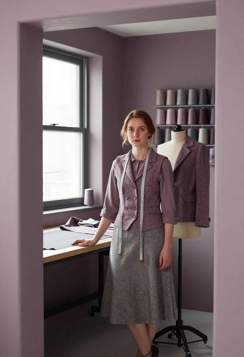 AI sewing room heather tweed sample — portrait of a woman, framed wide from the doorway, the whole