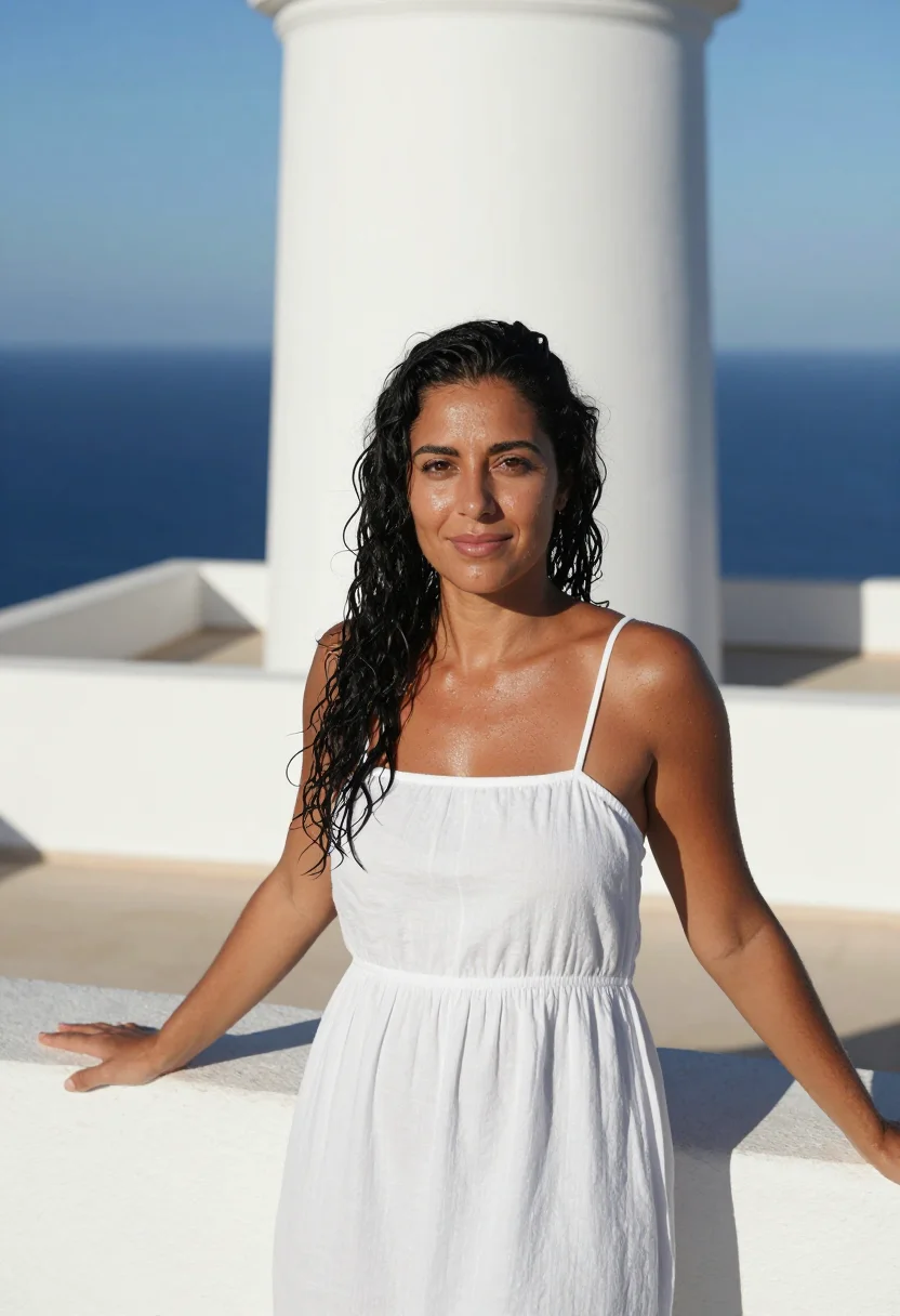 AI sex and lucia formentera white blue sample — portrait of a woman, a Spanish woman of Moroccan descent in