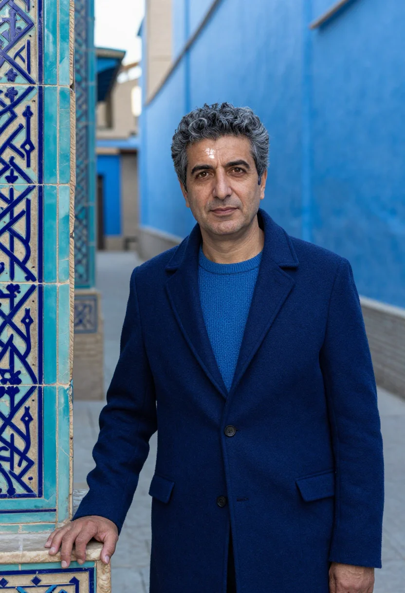 AI shah i zinda conservator lapis blue sample — portrait of a man, an Italian conservator in his late fortie