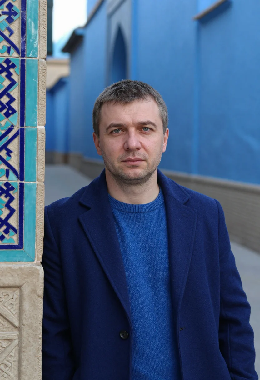 AI shah i zinda conservator lapis blue sample — portrait of a man, a Russian conservator in his mid-thirties