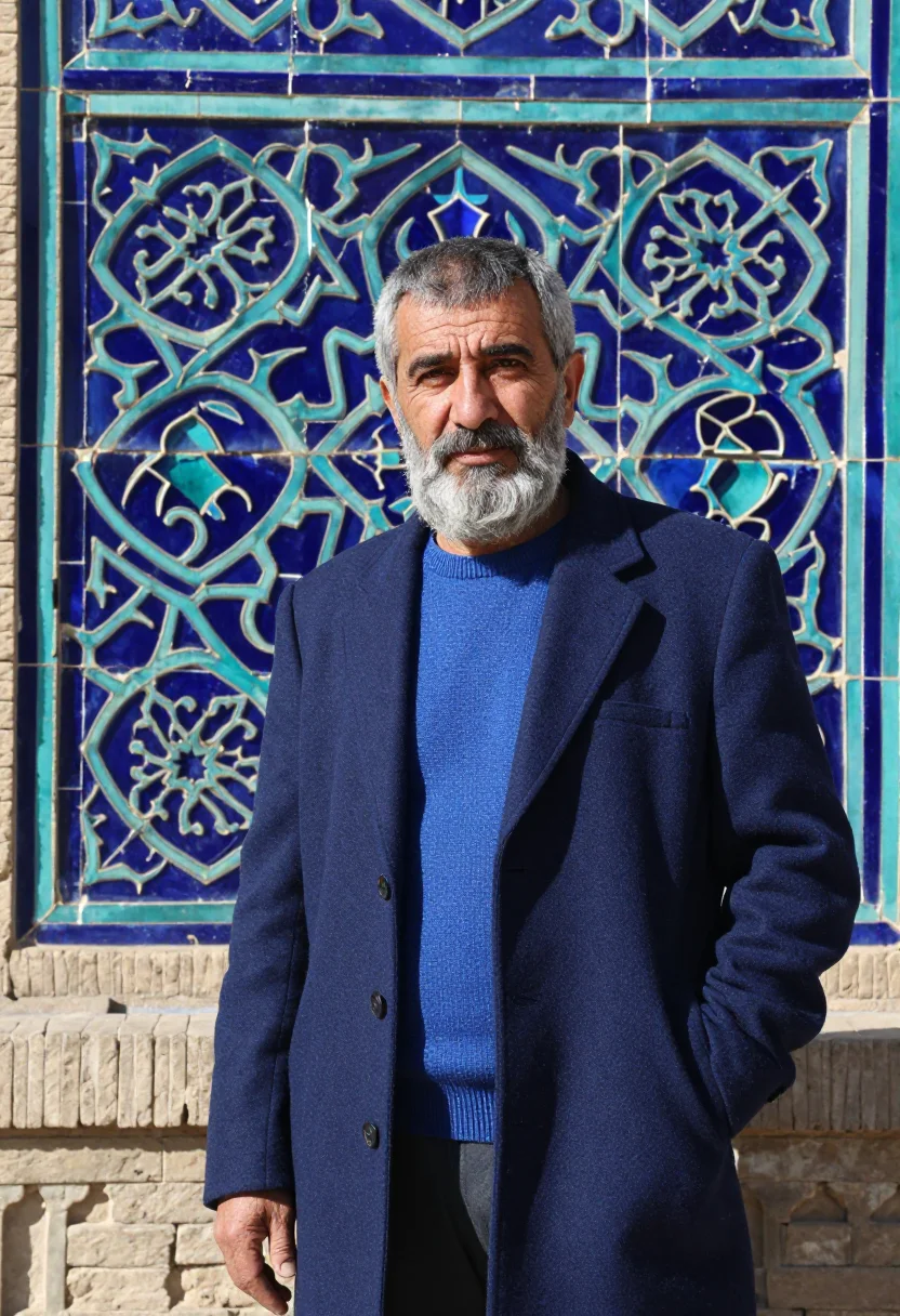 AI shah i zinda conservator lapis blue sample — portrait of a man, a Tajik conservator in his late fifties w