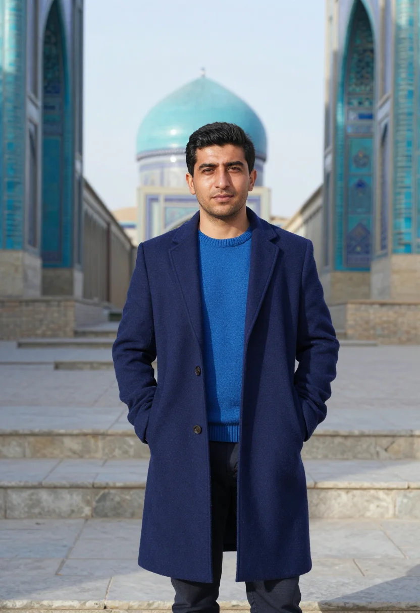 AI shah i zinda conservator lapis blue sample — portrait of a man, an Uzbek conservator in his late twenties