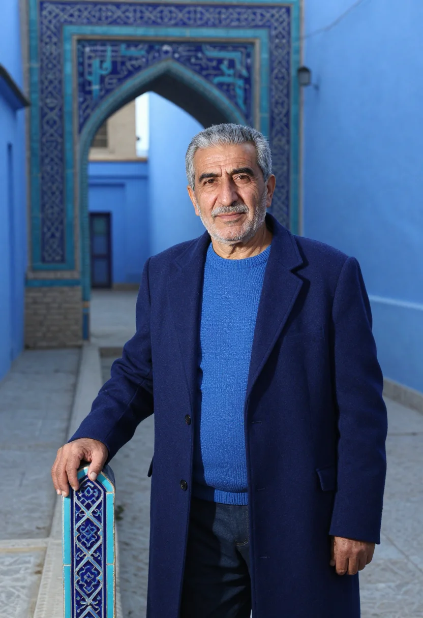 AI shah i zinda conservator lapis blue sample — portrait of a man, an Uzbek conservator in his early sixties