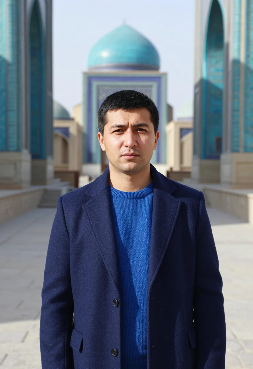 AI shah i zinda conservator lapis blue sample — portrait of a man, a Kazakh conservator in his early forties