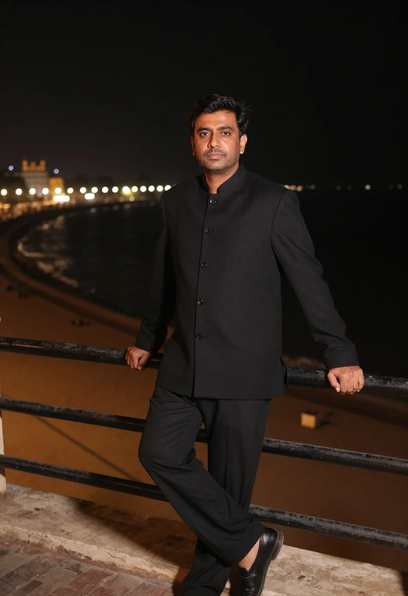 AI shah rukh khan mumbai bandhgala black sample — portrait of a man, a Parsi man in his late forties with warm