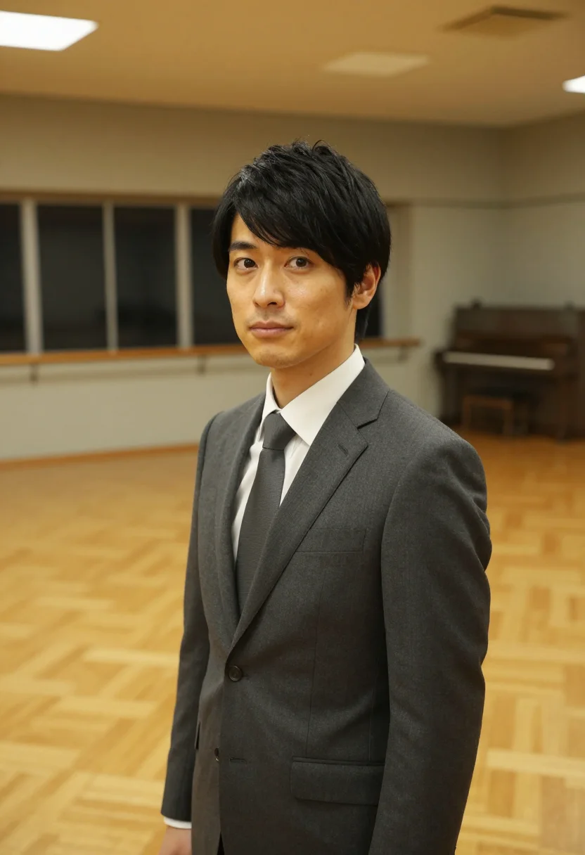 AI shall we dance tokyo salaryman ballroom grey sample — portrait of a man, a Japanese man in his early forties with
