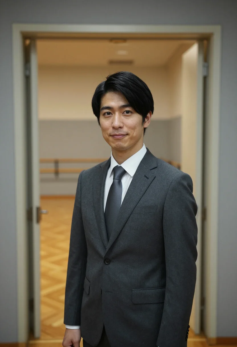 AI shall we dance tokyo salaryman ballroom grey sample — portrait of a man, a Japanese man in his early forties with