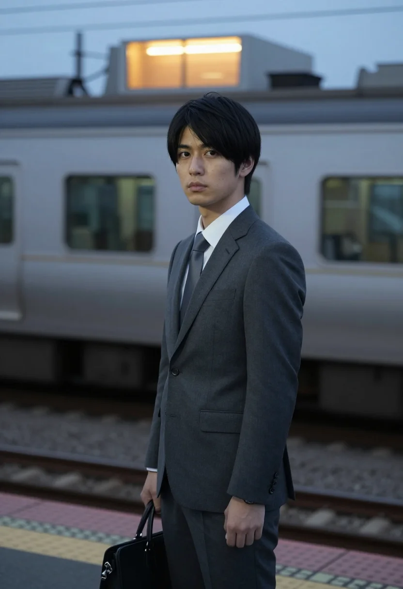 AI shall we dance tokyo salaryman ballroom grey sample — portrait of a man, a Japanese man in his early forties with