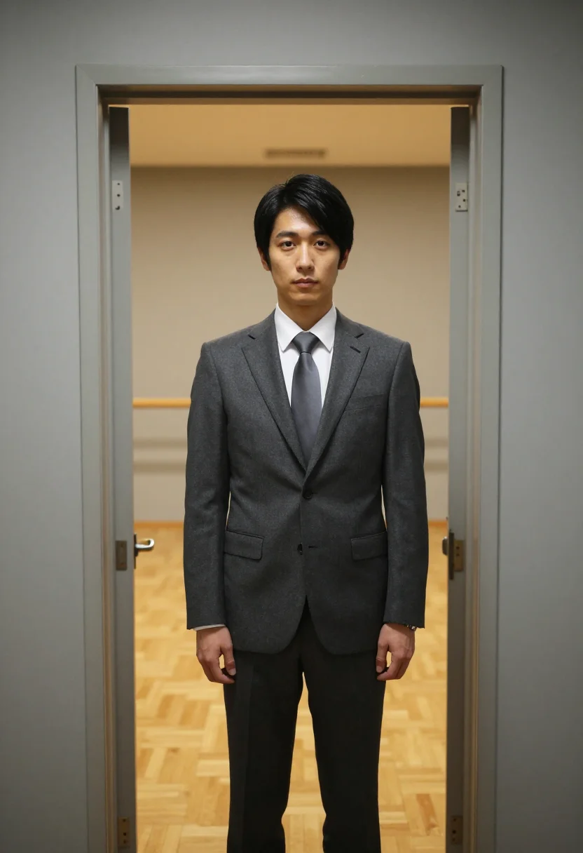 AI shall we dance tokyo salaryman ballroom grey sample — portrait of a man, a Japanese man in his early forties with