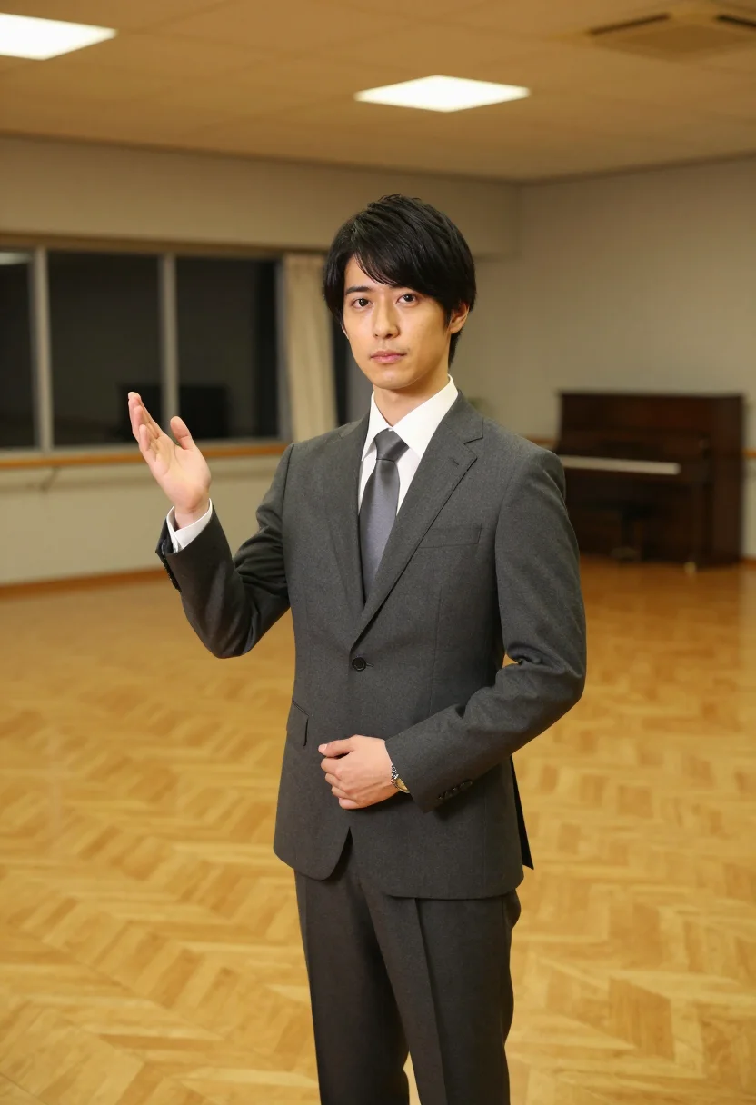 AI shall we dance tokyo salaryman ballroom grey sample — portrait of a man, a Japanese man in his early forties with