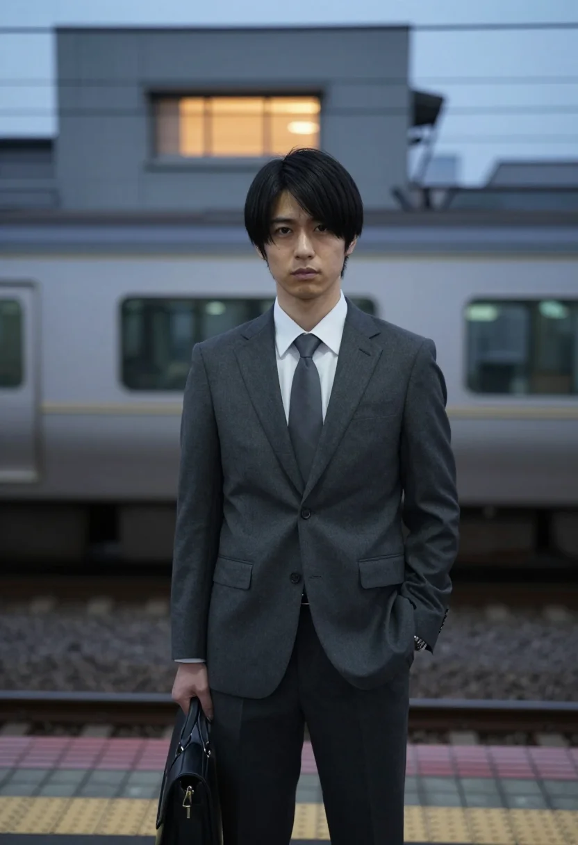 AI shall we dance tokyo salaryman ballroom grey sample — portrait of a man, a Japanese man in his early forties with