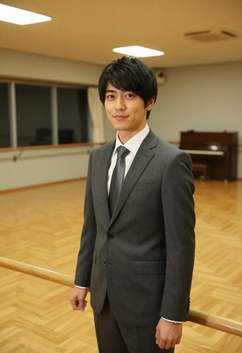 AI shall we dance tokyo salaryman ballroom grey sample — portrait of a man, a Japanese man in his early forties with