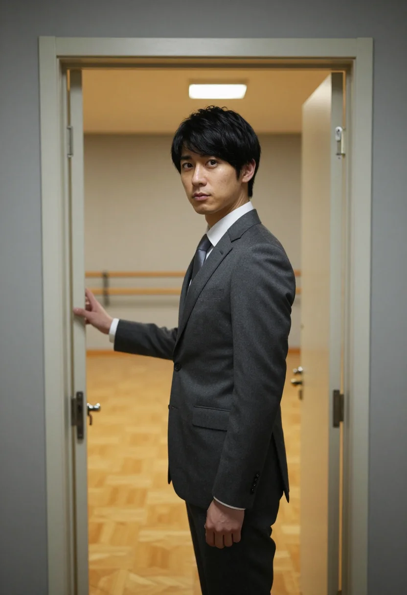 AI shall we dance tokyo salaryman ballroom grey sample — portrait of a man, a Japanese man in his early forties with