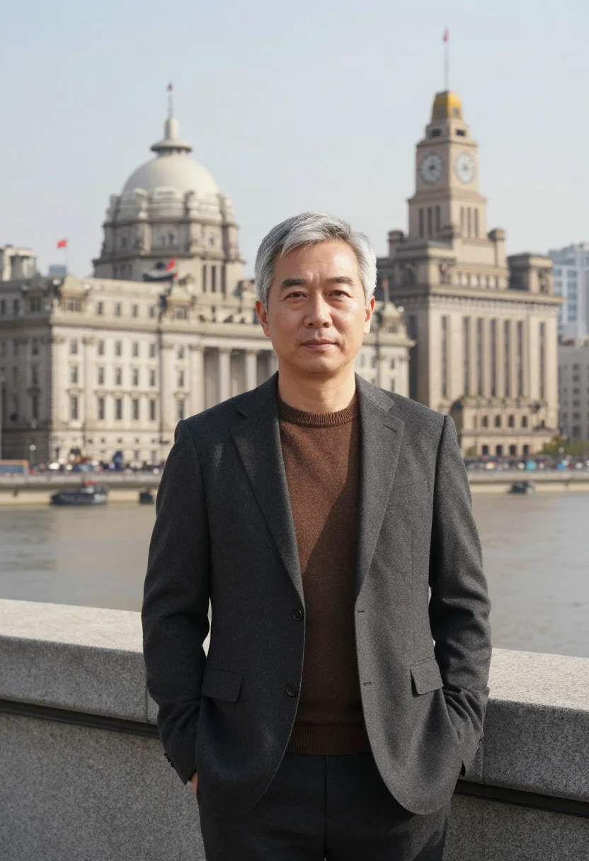 AI shanghai bund banker granite bronze sample — portrait of a man, a Chinese banker in his early sixties wit