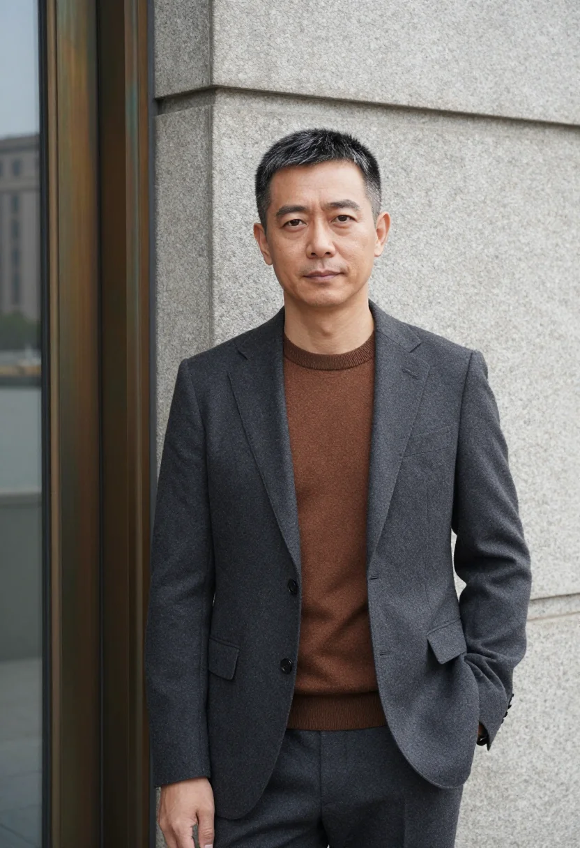 AI shanghai bund banker granite bronze sample — portrait of a man, a Chinese banker in his mid-fifties with