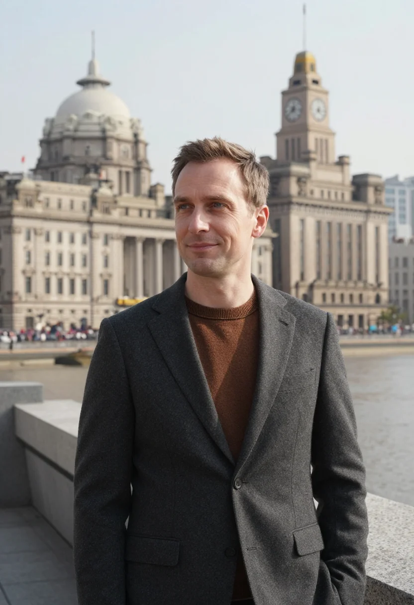 AI shanghai bund banker granite bronze sample — portrait of a man, a German banker in his mid-forties with p