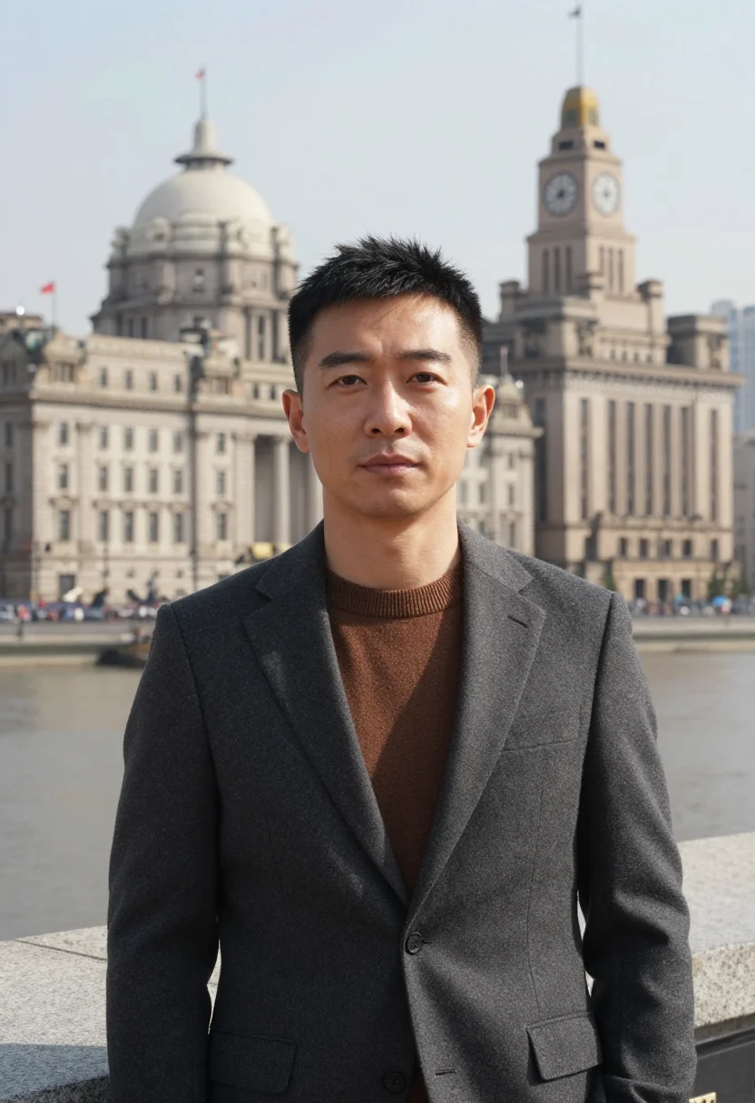 AI shanghai bund banker granite bronze sample — portrait of a man, a Chinese banker in his late forties with