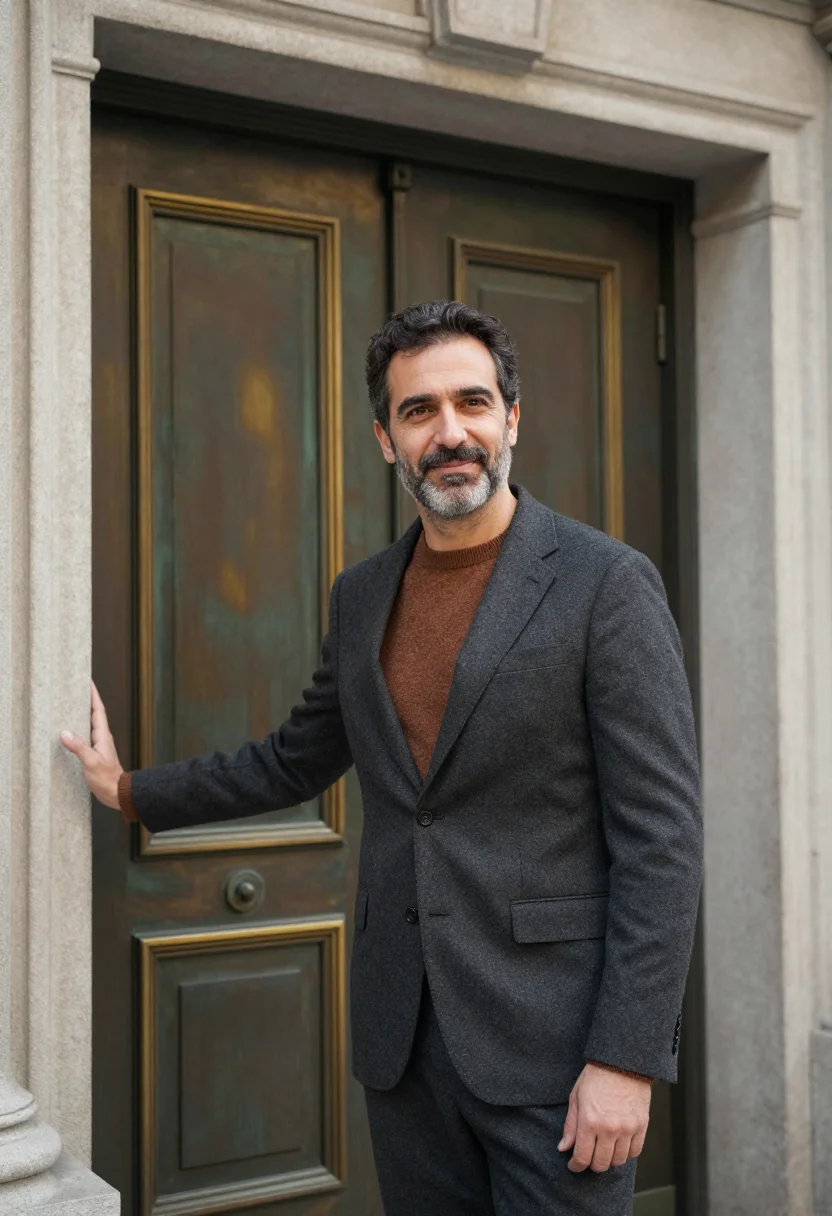 AI shanghai bund banker granite bronze sample — portrait of a man, an Italian banker in his early fifties wi