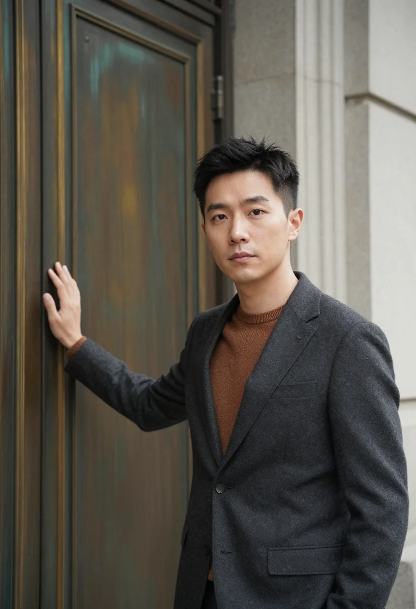 AI shanghai bund banker granite bronze sample — portrait of a man, a Chinese banker in his mid-thirties with