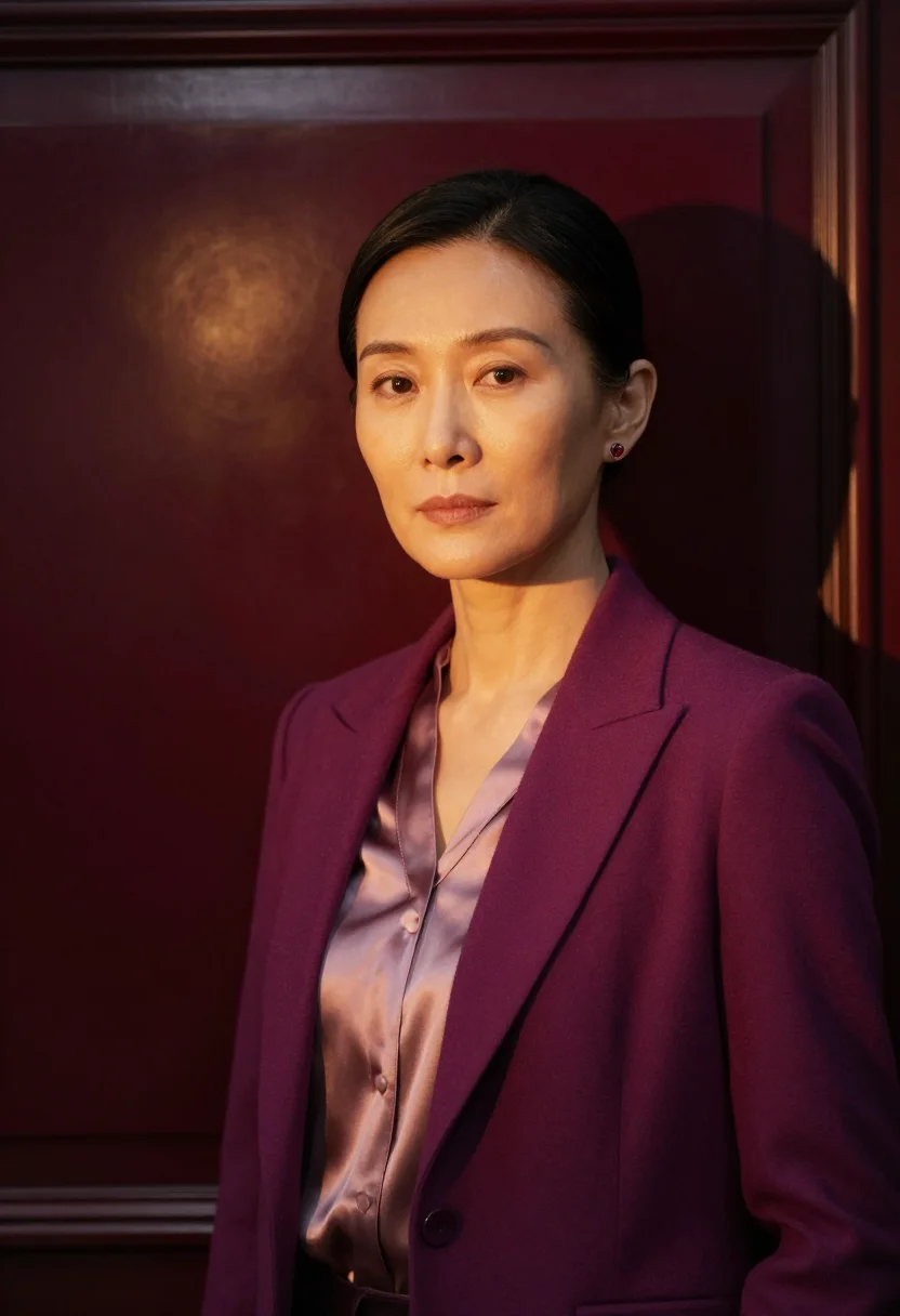 AI shanghai jingan lawyer plum sample — portrait of a woman, framed chest-up from the ribs with the