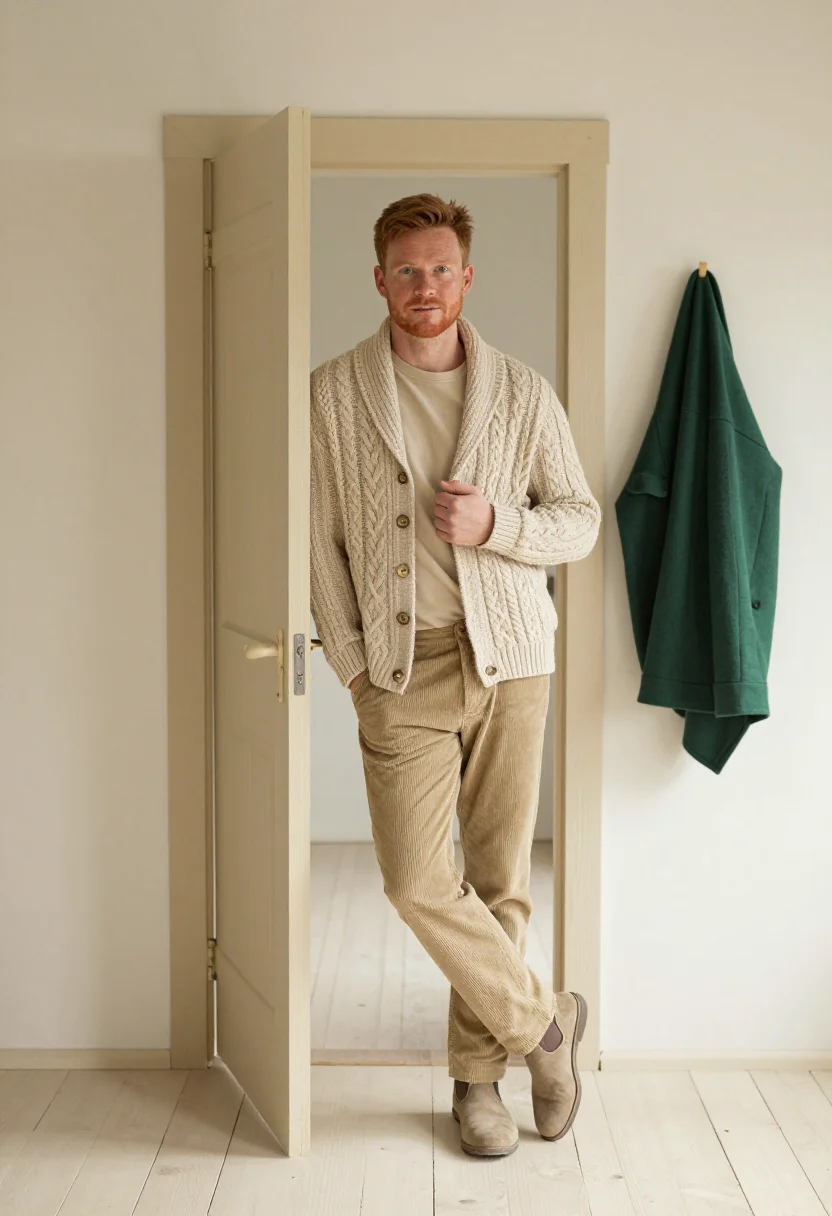 AI shawl cardigan oatmeal sample — portrait of a man, in his early forties, with ruddy fair ski