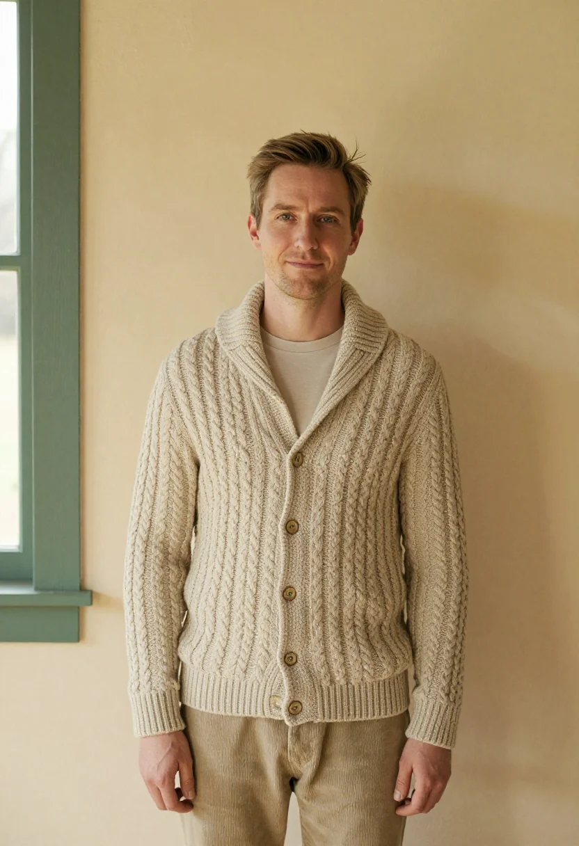 AI shawl cardigan oatmeal sample — portrait of a man, in his late thirties, with warm fair skin