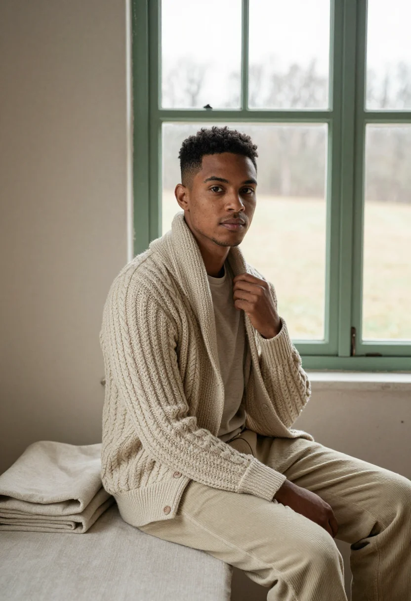AI shawl cardigan oatmeal sample — portrait of a man, in his early thirties, with deep brown sk