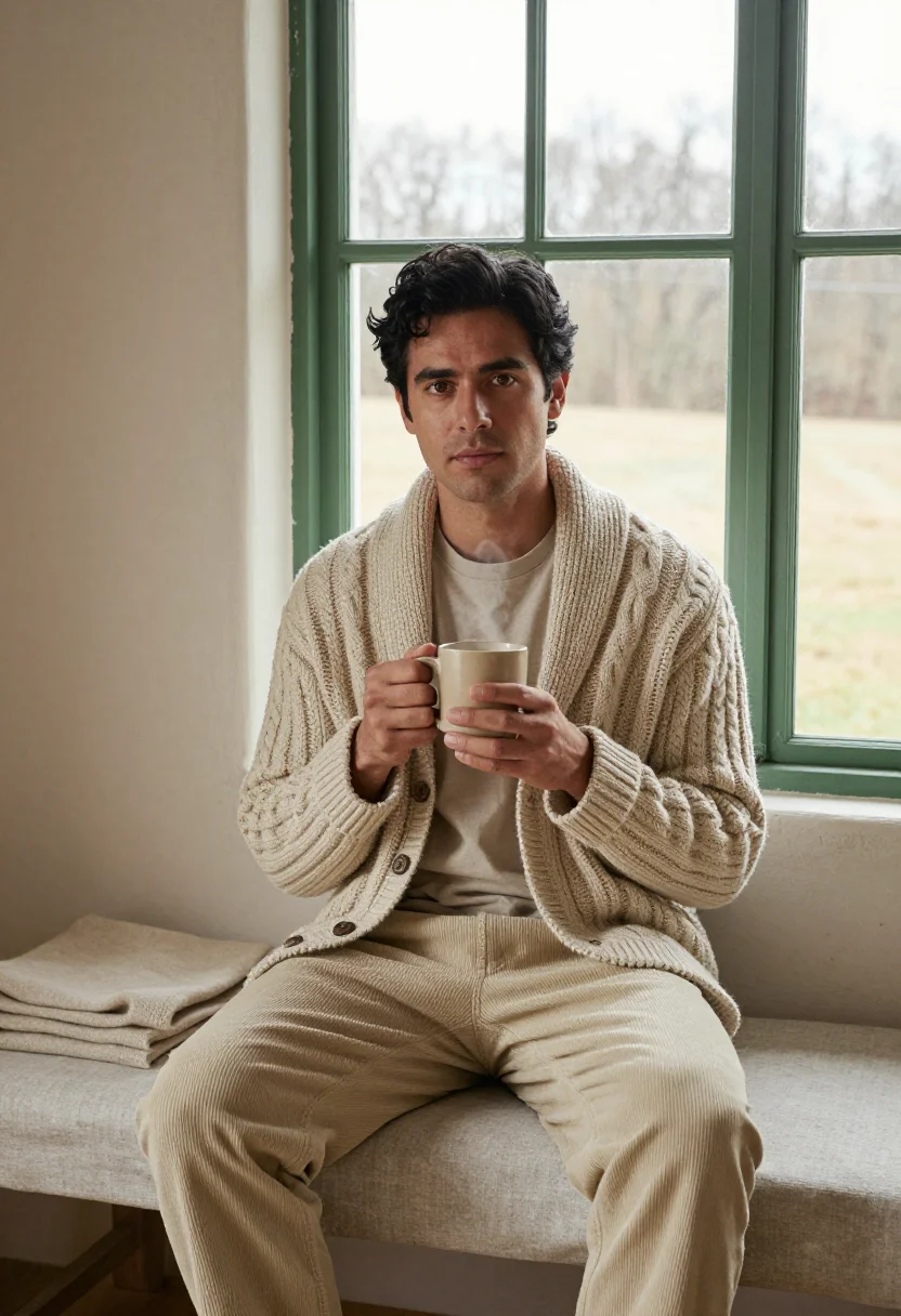 AI shawl cardigan oatmeal sample — portrait of a man, in his mid-thirties, with olive skin, bro