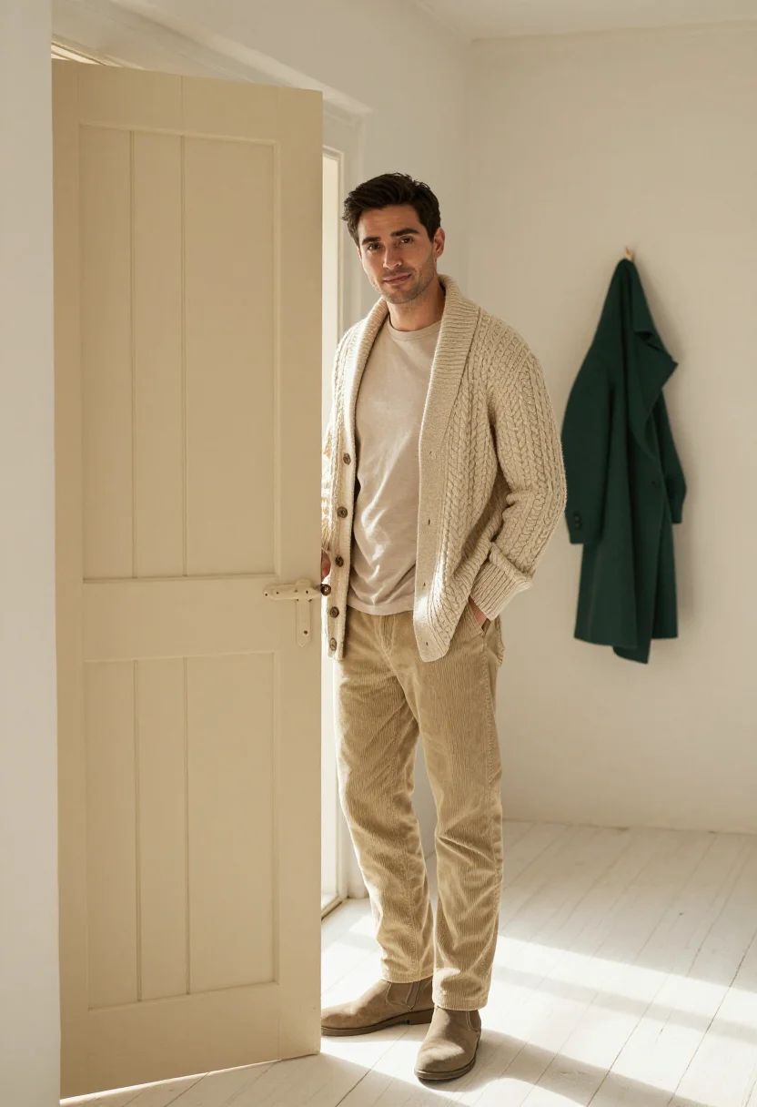 AI shawl cardigan oatmeal sample — portrait of a man, in his early thirties, with warm beige sk