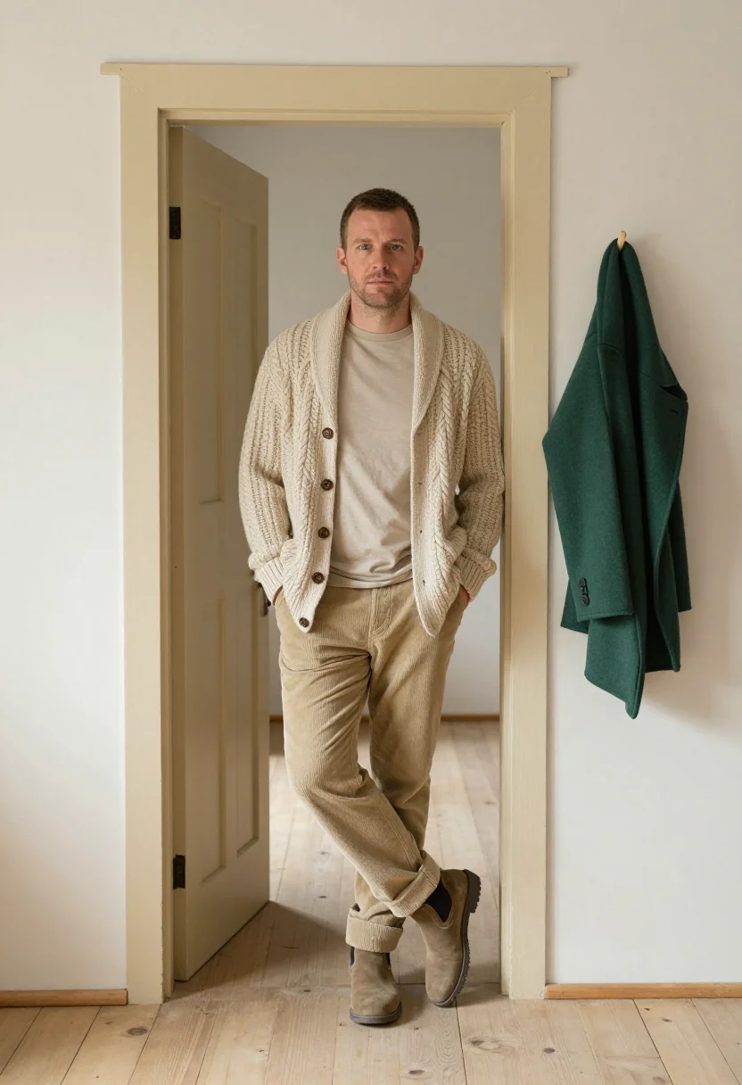 AI shawl cardigan oatmeal sample — portrait of a man, in his late thirties, with fair skin, blu