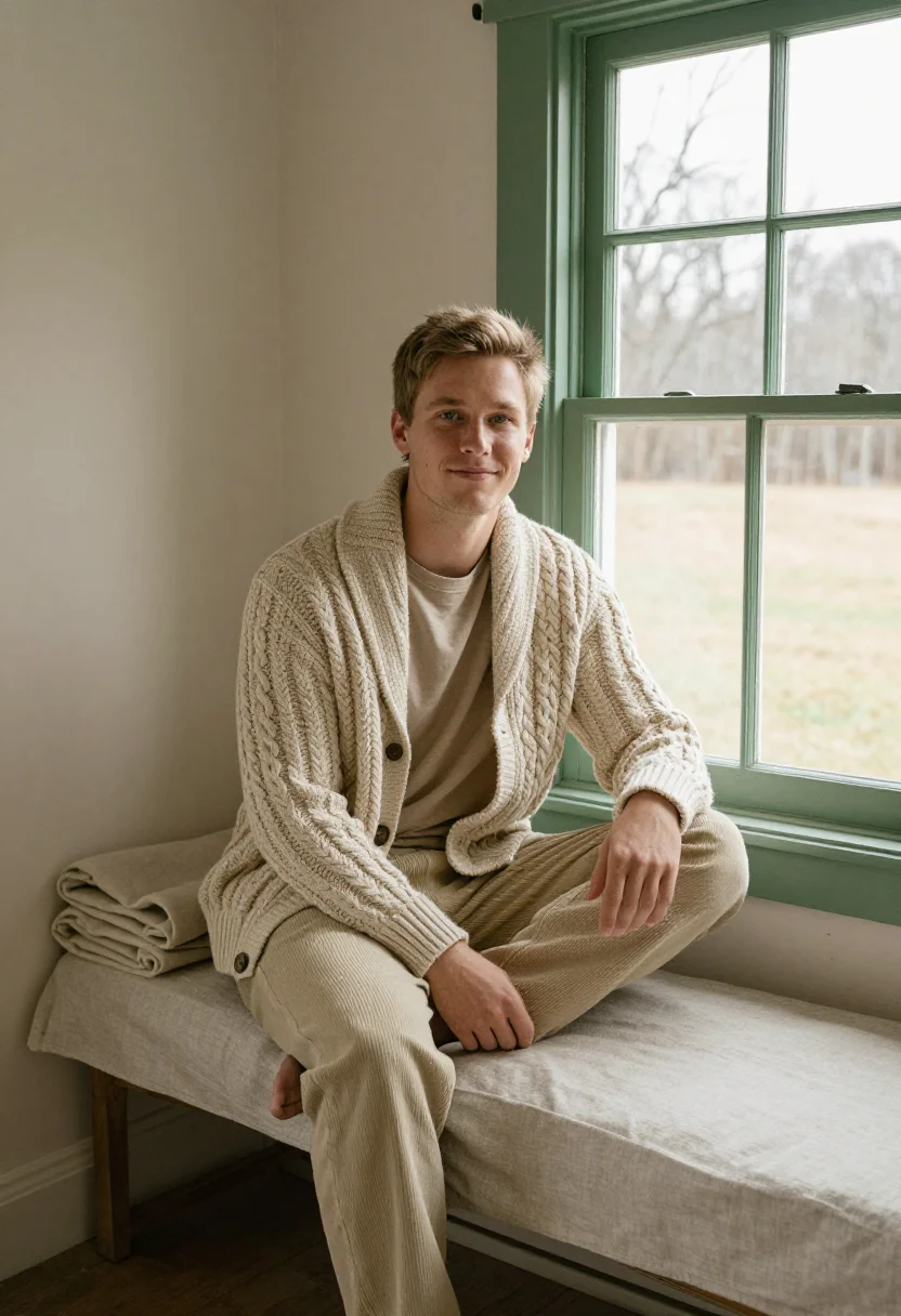 AI shawl cardigan oatmeal sample — portrait of a man, in his late twenties, with fair skin, gre