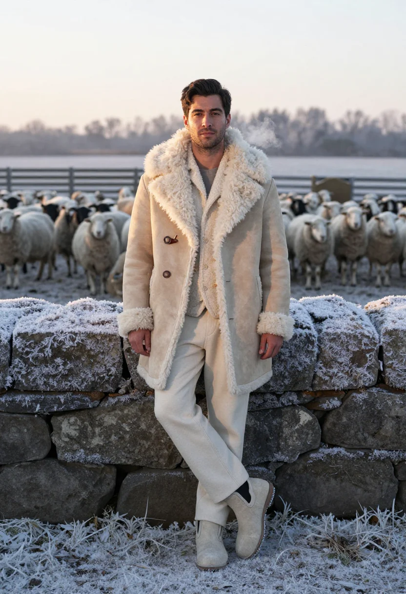AI shearling cream sample — portrait of a man, full-length standing portrait of a Wester