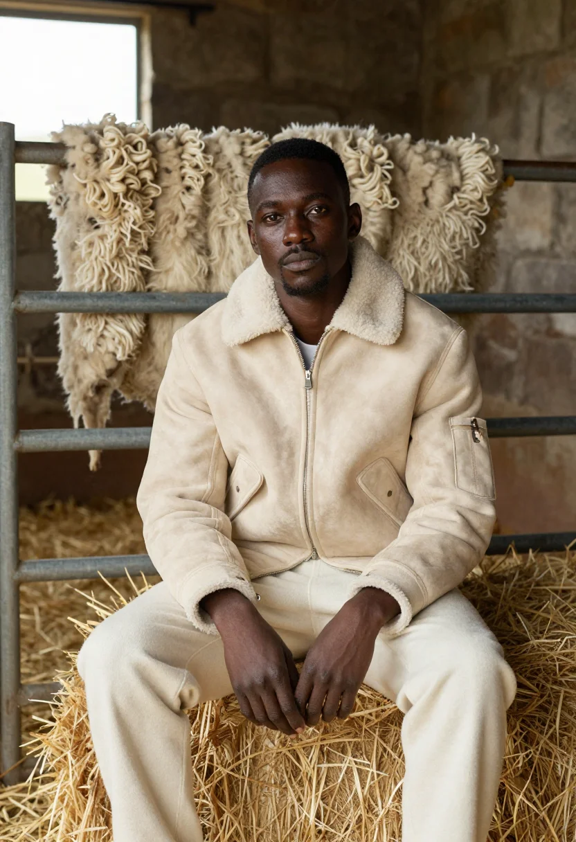 AI shearling cream sample — portrait of a man, seated three-quarter portrait of a Black