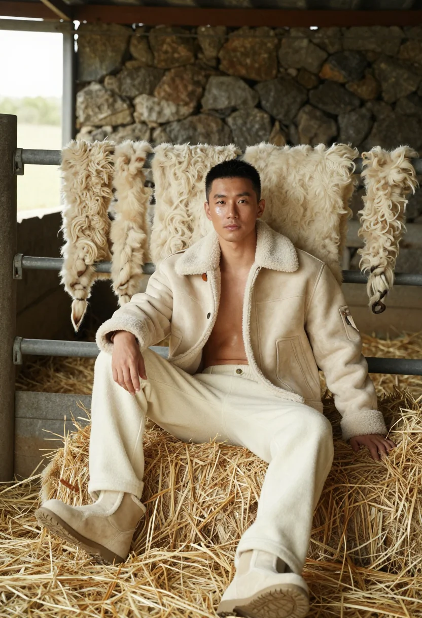 AI shearling cream sample — portrait of a man, wide seated portrait of an East-Asian man