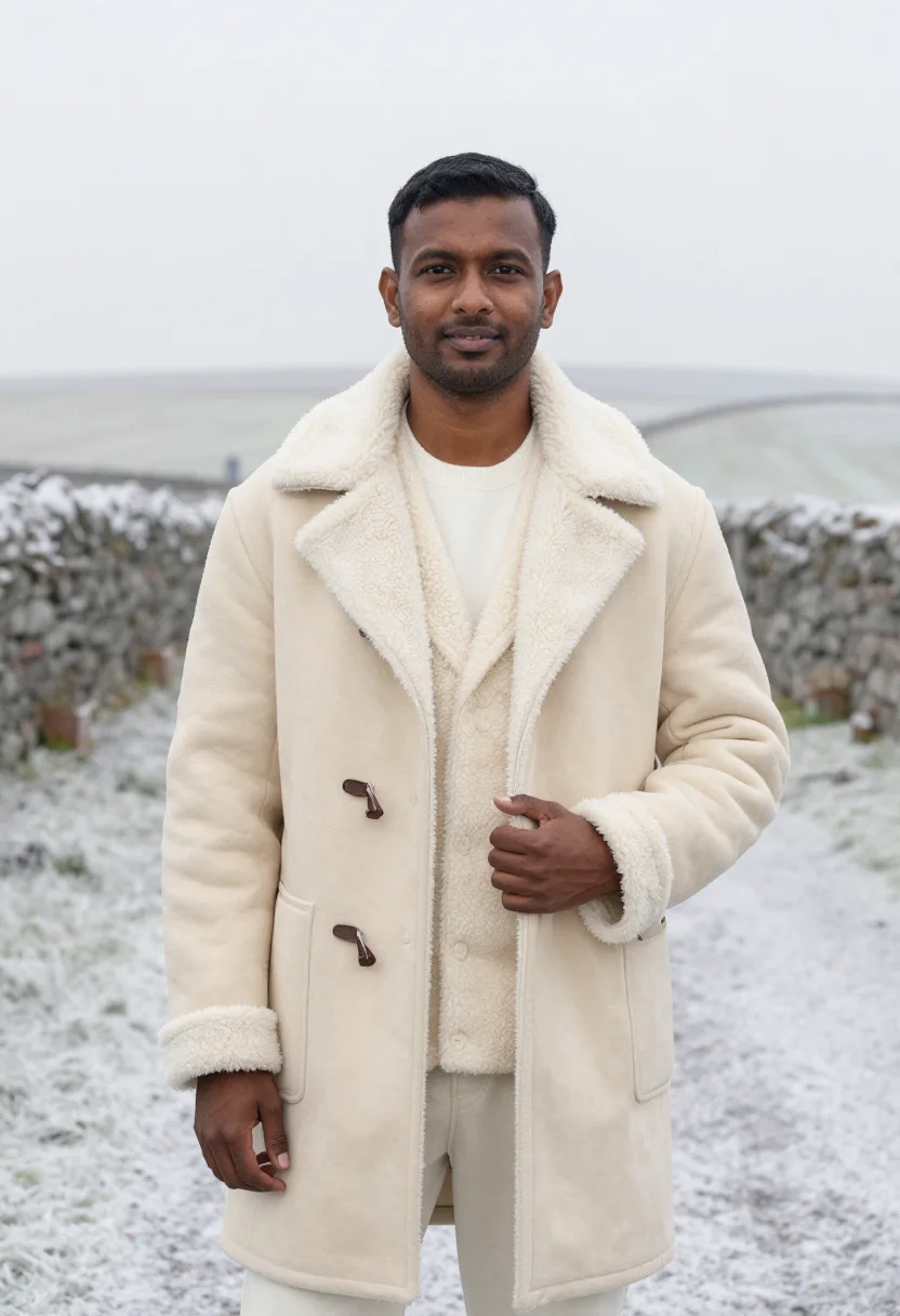 AI shearling cream sample — portrait of a man, waist-up portrait of a South-Asian man in